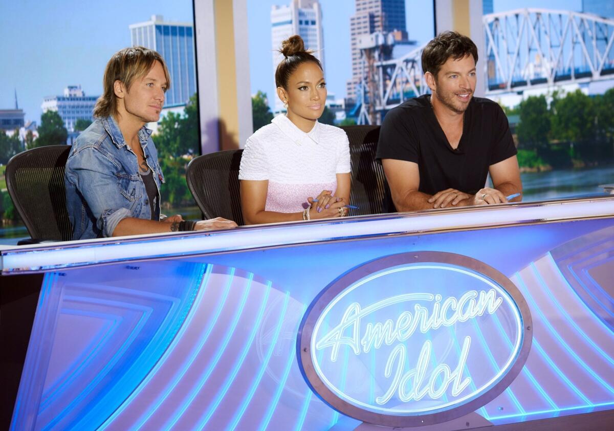 Keith Urban, left, Jennifer Lopez and Harry Connick Jr. during auditions for the final season of "American Idol."