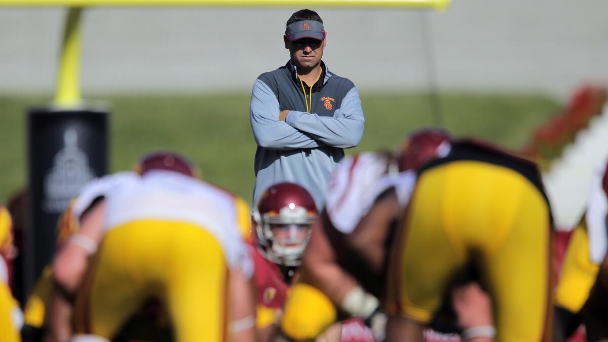 USC football Coach Steve Sarkisian stands behind the line of scrimmage during the Trojans' spring game at the Coliseum on April 11.