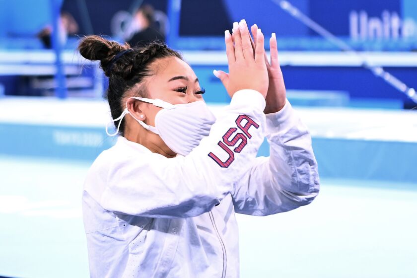 -TOKYO,JAPAN July 29, 2021: USA's Sunisa Lee celebrates the gold medal in the women's individual all-around final at the 2020 Tokyo Olympics. (Wally Skalij /Los Angeles Times)
