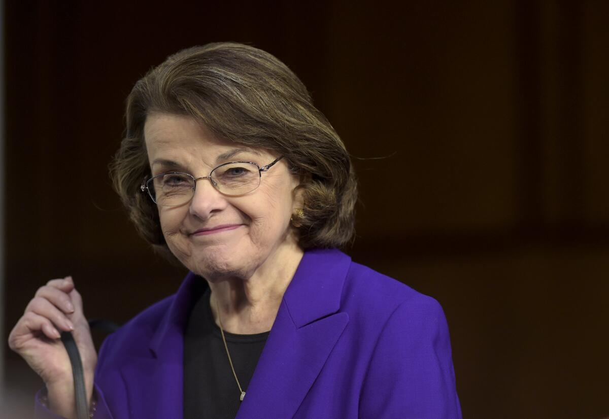 FILE - The Senate Judiciary Committee's ranking member Sen. Dianne Feinstein, D-Calif. returns on Capitol Hill in Washington, March 22, 2017, to hear testimony from Supreme Court Justice nominee Neil Gorsuch. Democratic Sen. Dianne Feinstein of California has died. She was 90. (AP Photo/Susan Walsh, File)