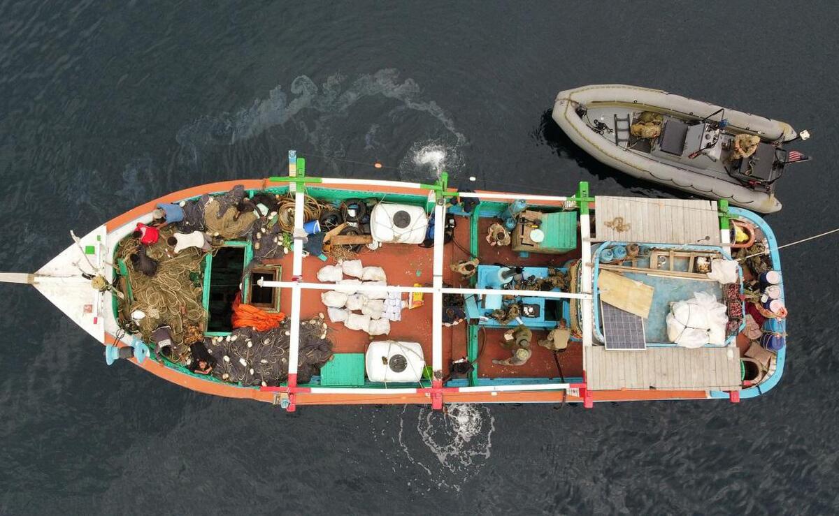 An aerial view of a fishing vessel 