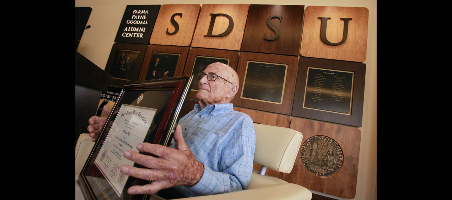 San Diego State alumni Bill Vogt, 105, who graduated from San Diego State in 1935, holds his diploma, which he originally didn't get because he graduated in mid-year, just after he received it at San Diego State University.