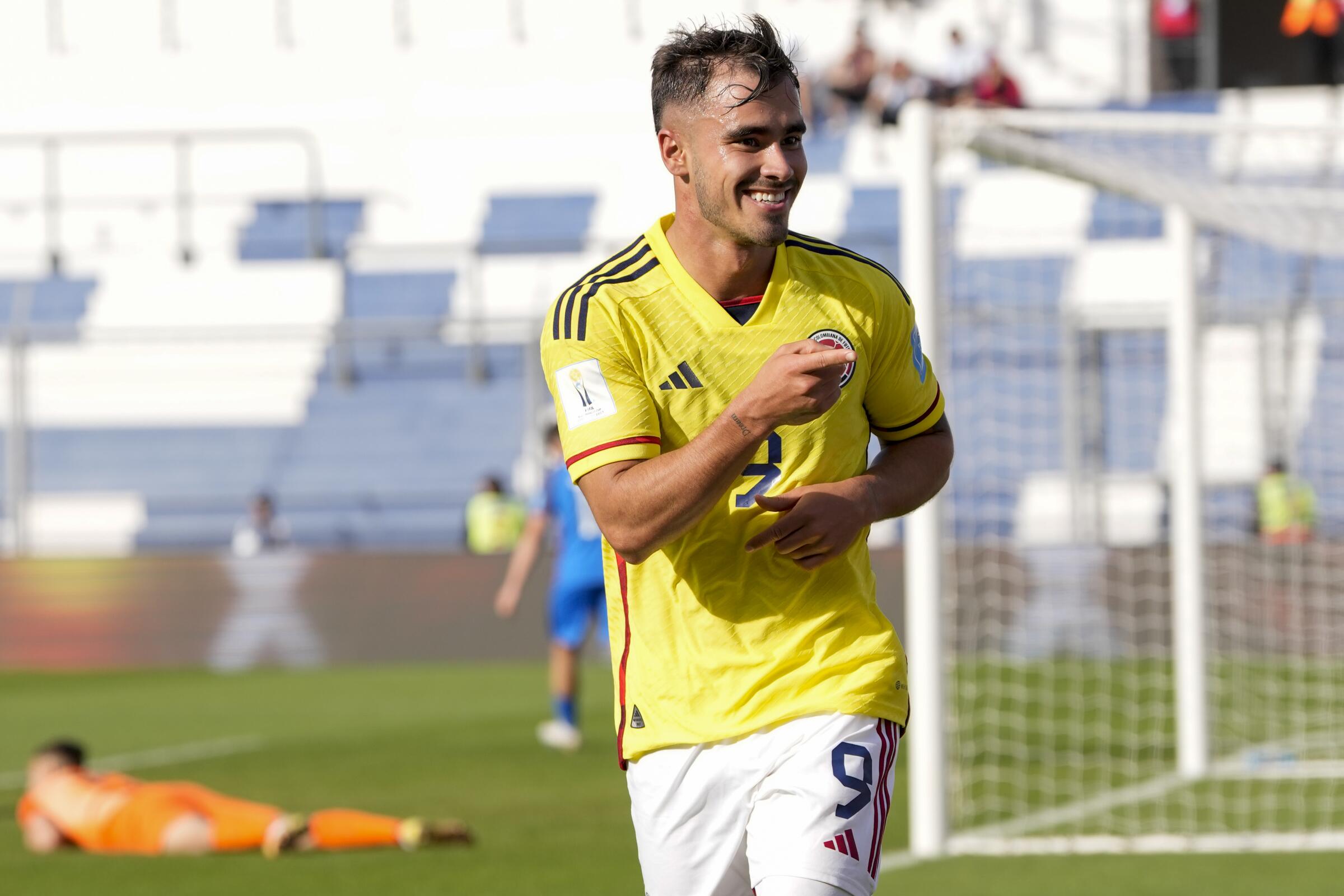 Tomás Ángel gestures after scoring for Colombia during a FIFA U-20 World Cup game against Slovakia.