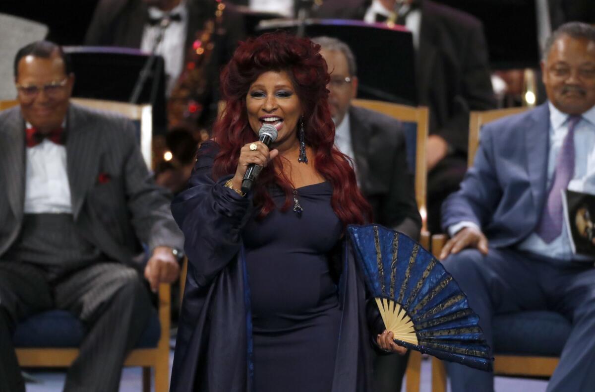 Chaka Khan performs during the funeral service for Aretha Franklin at Greater Grace Temple in Detroit on Friday.