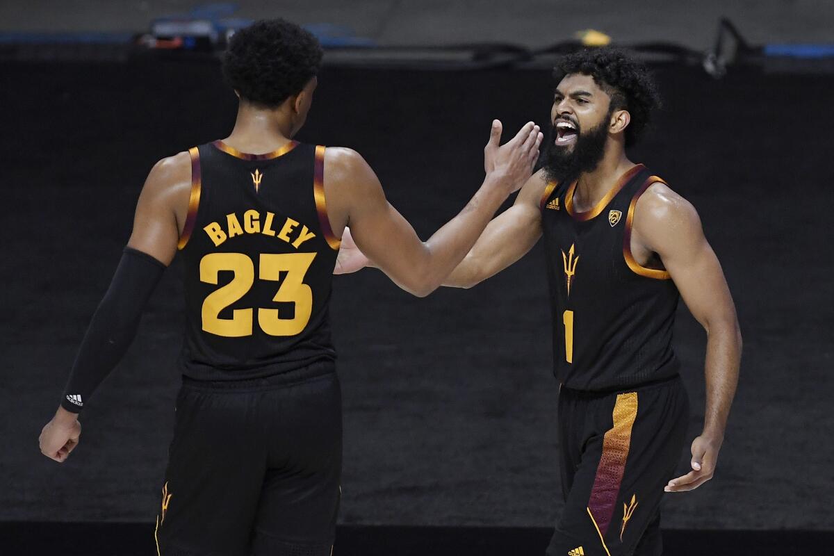 Arizona State's Marcus Bagley and Remy Martin celebrate.