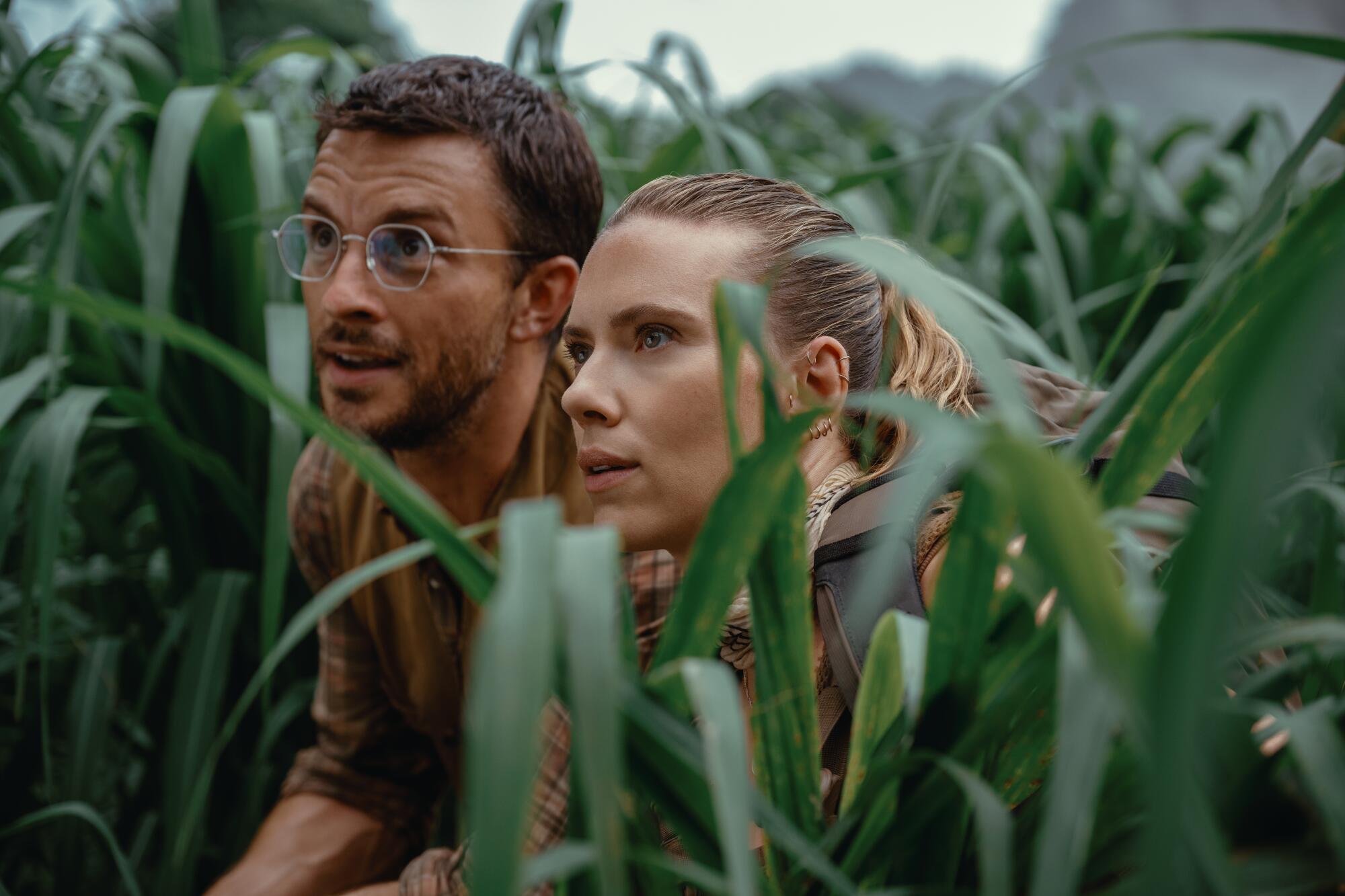 Two adventurers hide in the tall grass as dinosaurs approach.