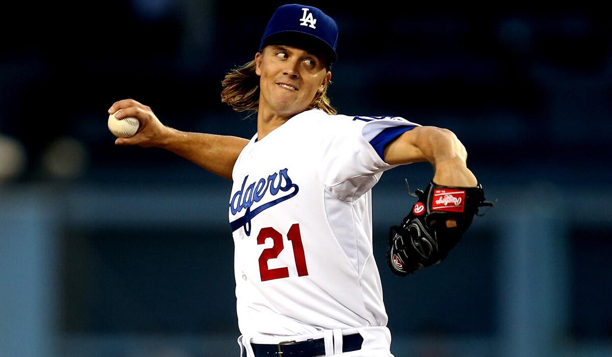 Dodgers pitcher Zack Greinke pitches against the San Francisco Giants at Dodger Stadium on Sept. 1.