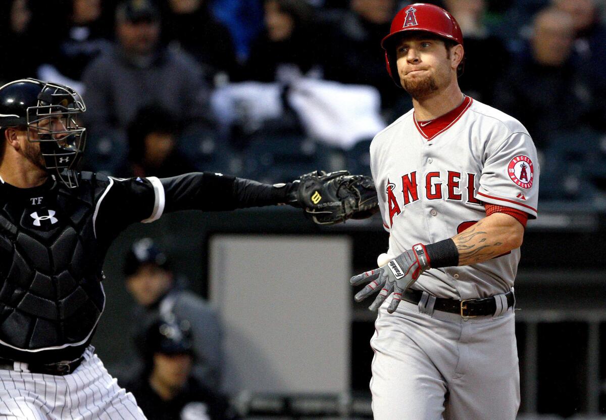 Angels' Josh Hamilton turns away after striking out against the Chicago White Sox.