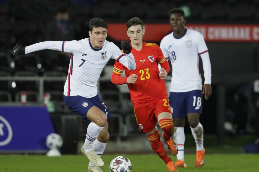 FILE - United States' Gio Reyna, left, vies for the ball with Wales' Dylan Levitt.