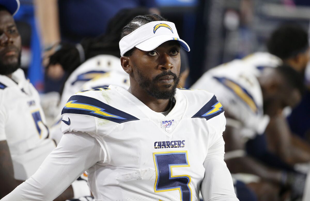 Chargers quarterback Tyrod Taylor looks on during exhibition game last year at Arizona.