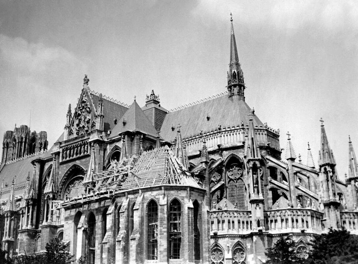 Notre Dame in 1937, during reconstruction to repair damage from German shelling during World War I.