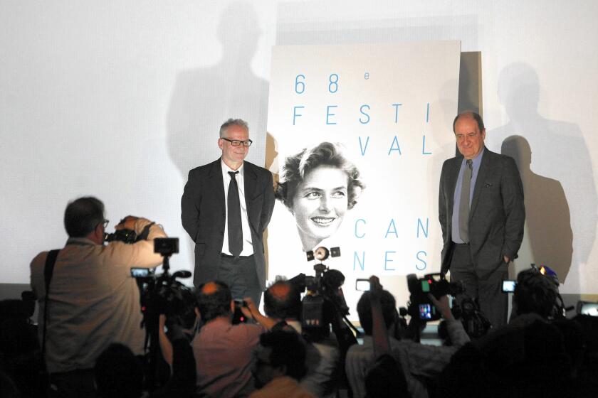 Cannes Festival director Thierry Fremaux, left, and festival president Pierre Lescure field questions at Thursday’s traditional news conference in Paris. The Cannes film festival runs for 12 days beginning May 13.