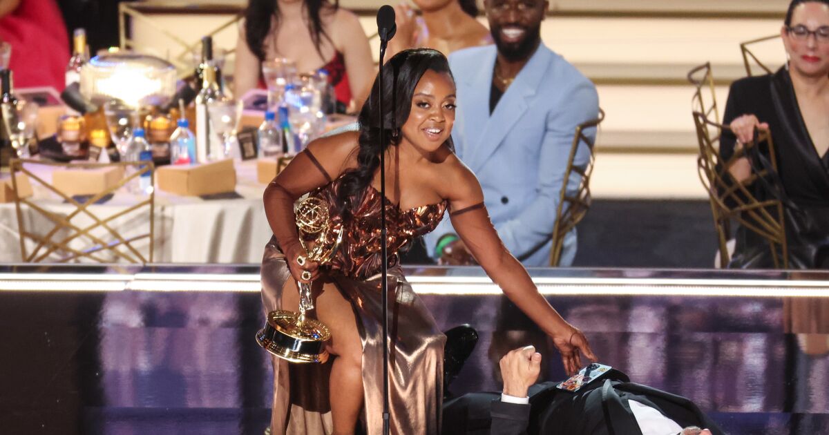 Quinta Brunson wasn’t bothered, but Jimmy Kimmel’s dead-body gag bombed at the Emmys