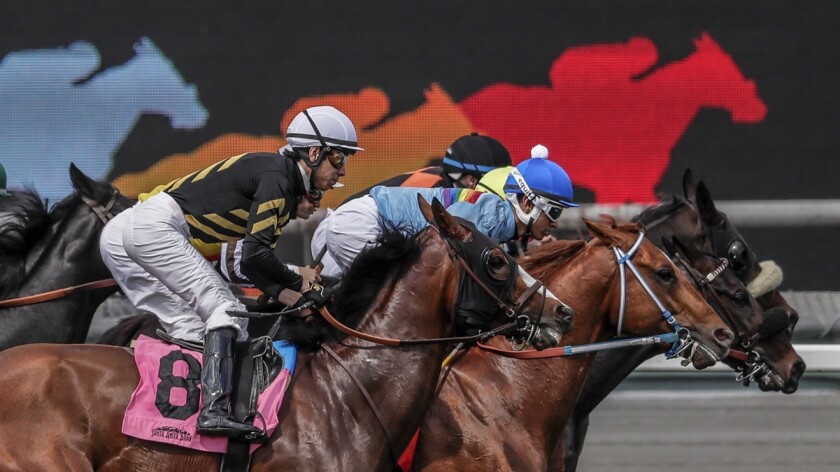 Horses and jockeys set off in the fourth race, a 1-mile run on turf at Santa Anita Park.