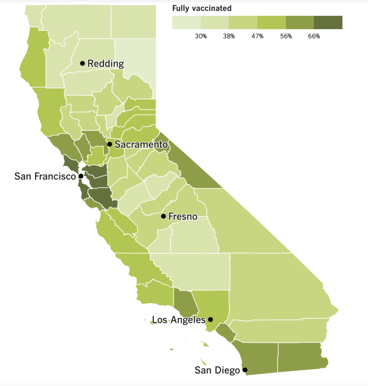 A map of California showing the vaccination rate by county