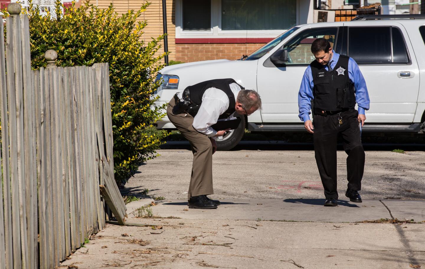 Chicago police officers take a close look at the ground on Nov. 3, 2015, near the alley at 80th Street and South Damen Avenue where Tyshawn Lee, 9, was fatally shot on a day earlier.