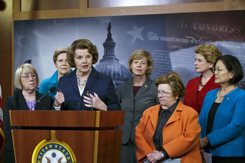 FILE - Sen. Dianne Feinstein, D-Calif., and a group of women senators gather at a news conference on Capitol Hill in Washington, Wednesday, June 4,2014, to advocate for a bill by Sen. Elizabeth Warren, D-Mass., the Bank on Students Emergency Loan Refinancing Act, that would allow people with outstanding student loan debt to refinance at the lower interest rates currently offered to new borrowers. From left are, Sen. Patty Murray, D-Wash., Sen. Elizabeth Warren, D-Mass., Feinstein, Sen. Tammy Baldwin, D-Wis., Sen. Barbara A. Mikulski, D-Md., Sen. Mazie K. Hirono, D-Hawaii. Democratic Sen. Dianne Feinstein of California has died. She was 90. (AP Photo/J. Scott Applewhite)