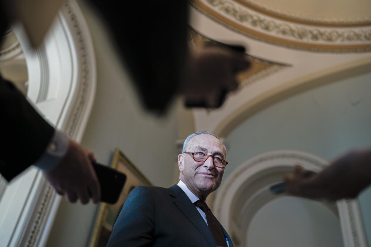 Senate Majority Leader Chuck Schumer talks to reporters after meeting with Judge Ketanji Brown Jackson earlier this month. 