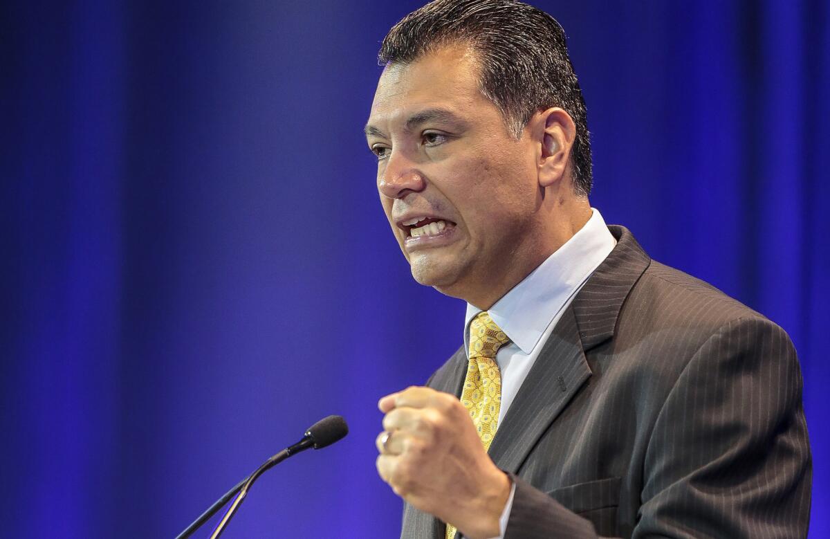 California Secretary of State Alex Padilla greets supporters at the California Democrats State Convention in Anaheim on May 16.