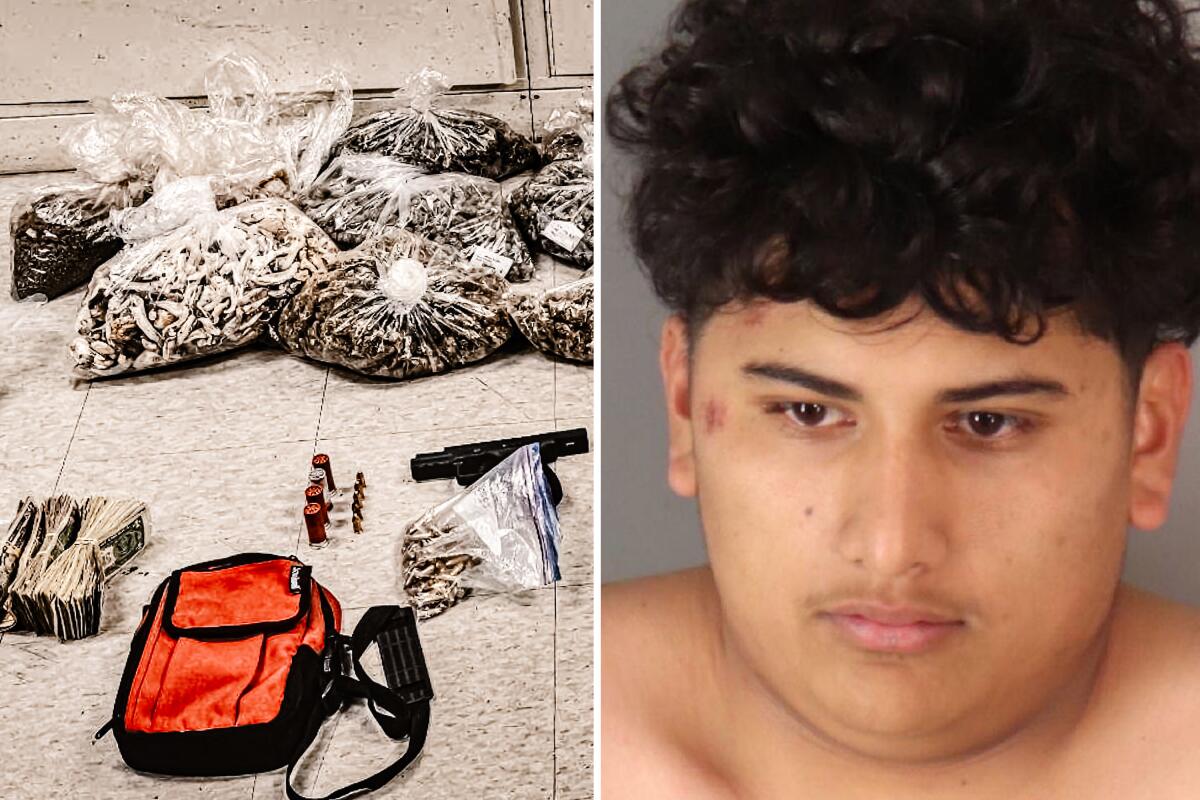 Two photos: at left, Drugs, cash and a weapon. At right: a young man