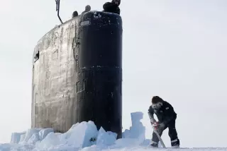 The USS Hampton poked through ice in the Beaufort Sea in March.