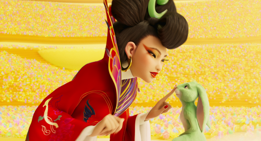 A woman cartoon touches the nose of a rabbit cartoon in "Over the Moon."