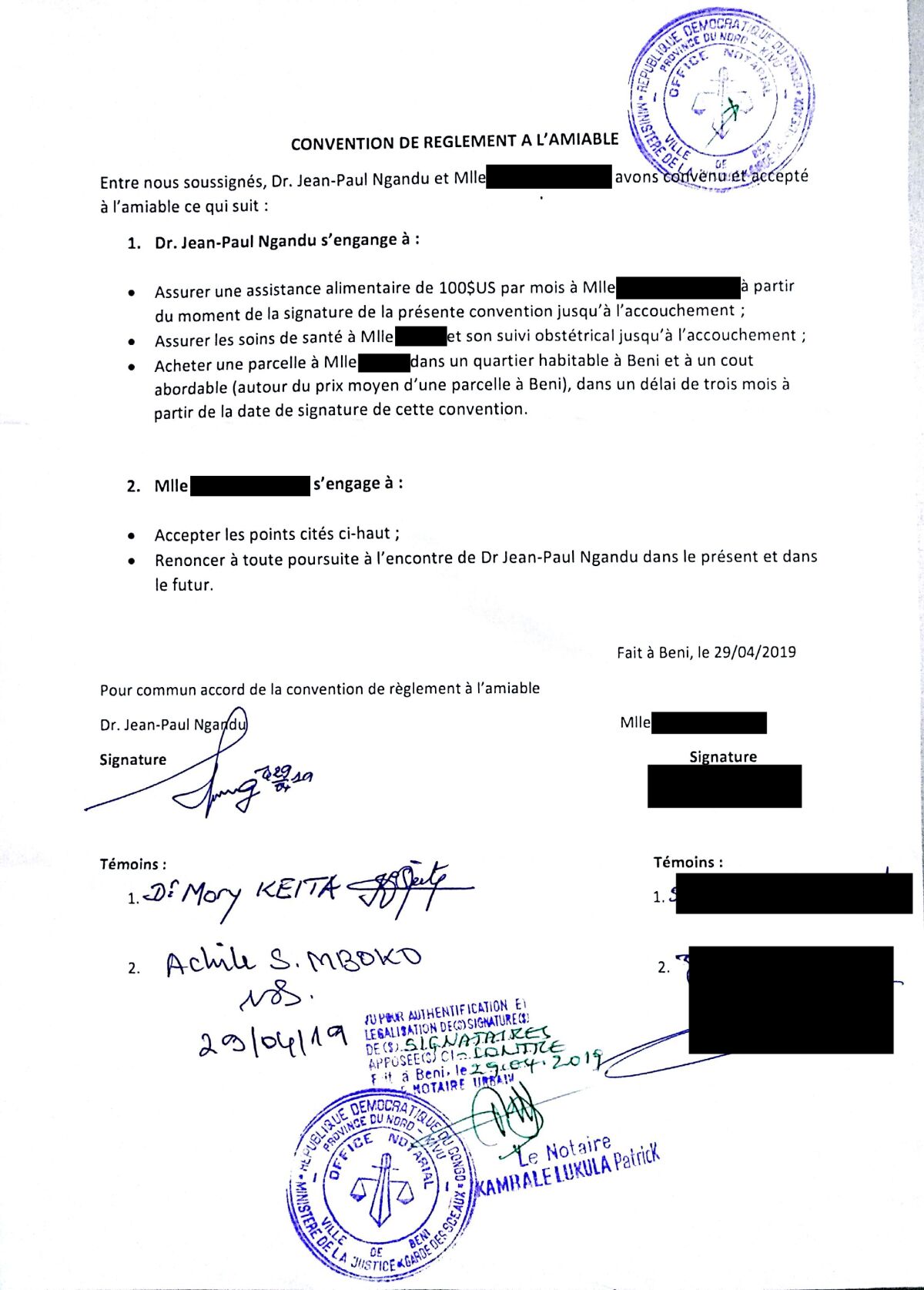 FILE - This image provided by Dr. Jean-Paul Ngandu shows an April 29, 2019 contract between him and a Congolese woman he allegedly impregnated. The notarized document contains the signatures of two World Health Organization staff members, including a manager, as witnesses to the agreement. Ngandu promised to pay her a monthly stipend, cover the woman's pregnancy-related health costs and to buy her a plot of land. A confidential U.N. report into the alleged missteps by senior World Health Organization staffers in how they handled a sexual misconduct case during an Ebola outbreak in Congo found their response didn't violate the agency’s policies because of what some officials described as a “loophole.” The report was submitted to WHO last month and wasn't released publicly. (Courtesy Dr. Jean-Paul Ngandu via AP, File)