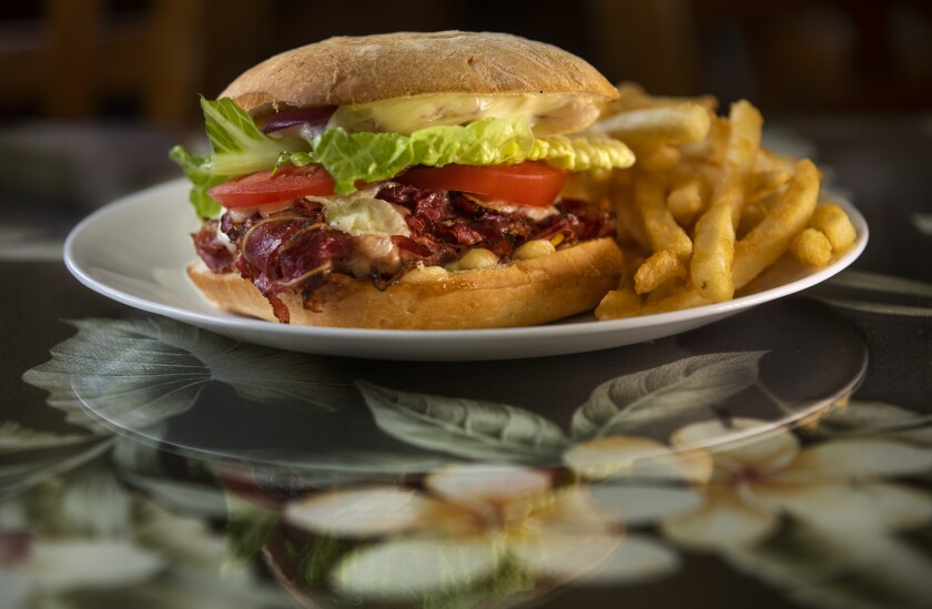 Pastrami sandwich with fried at Kings View Cafe in Hawaii