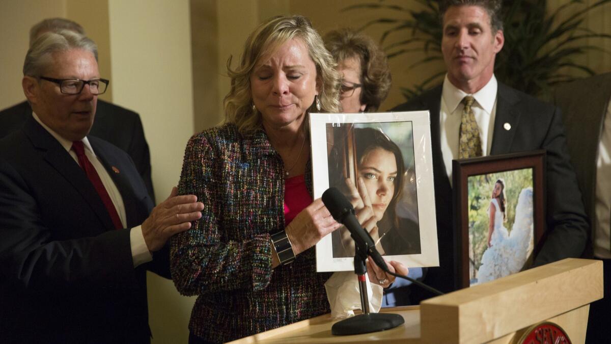 Debbie Ziegler, mother of Brittany Maynard -- a teacher from California who had terminal cancer who moved to Oregon to take advantage of their aid-in-dying law -- speaks to the media after the passage of California's legislation.