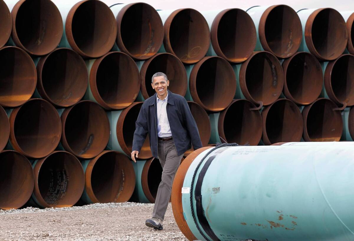 President Obama visits a TransCanada oil pipe yard in Cushing, Okla., in March.