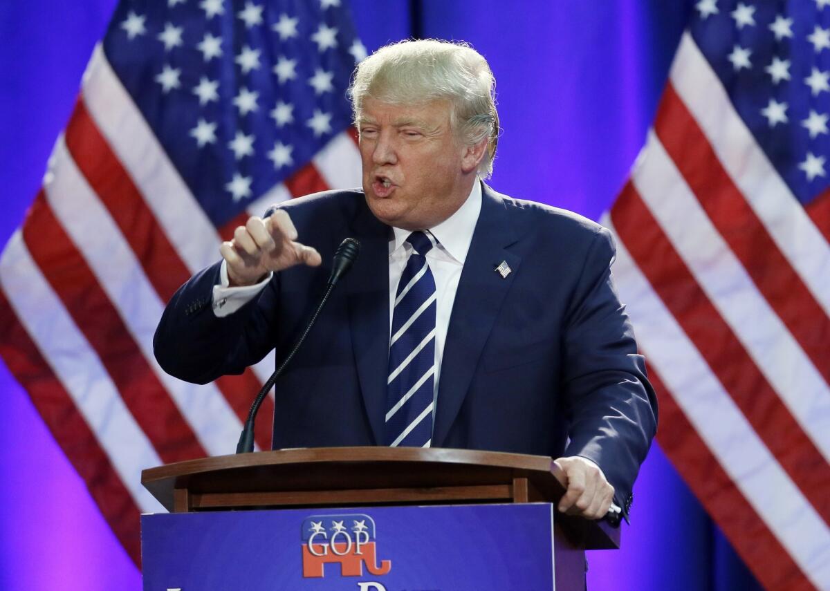 Republican presidential candidate Donald Trump addresses a GOP fundraising event Tuesday in Michigan. While he's leading in the polls, most Republicans say they would prefer someone else to be president.