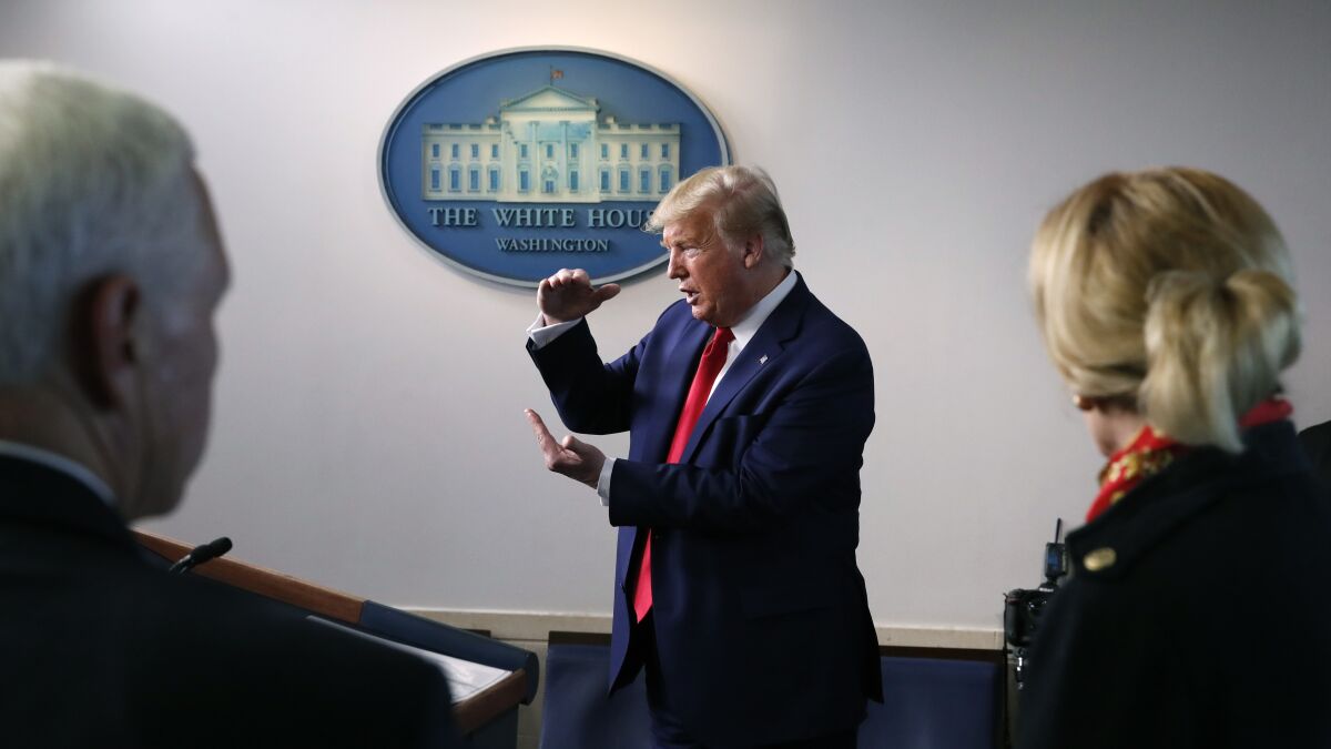 President Trump speaks at Tuesday's White House coronavirus briefing.