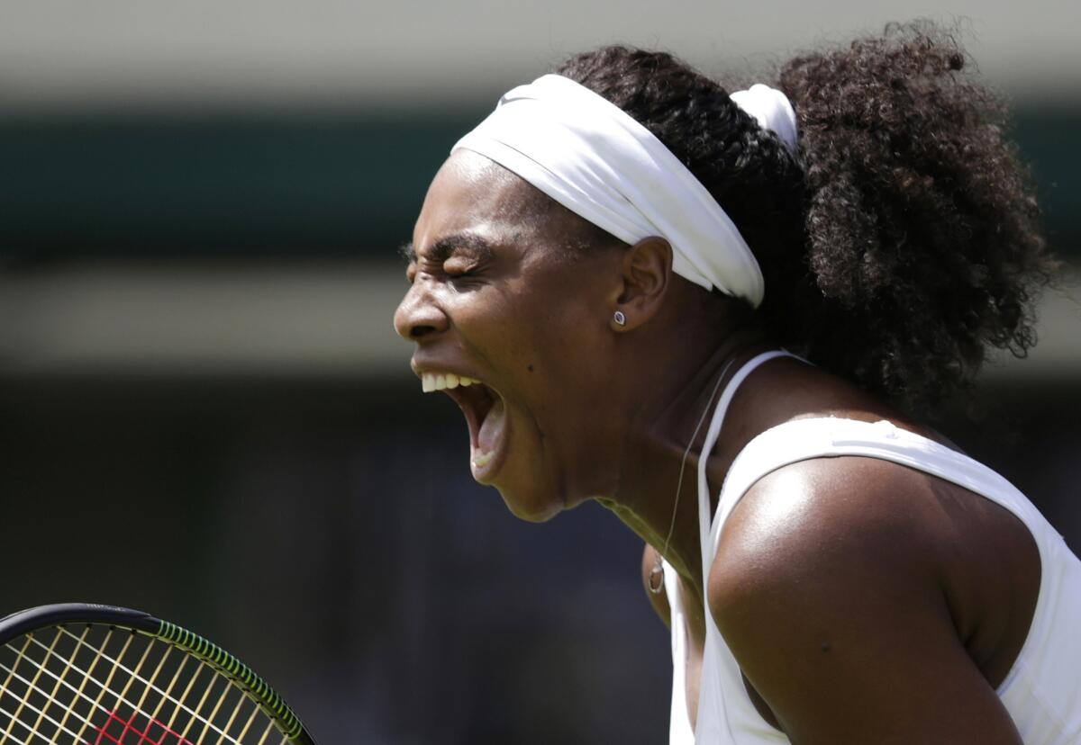 Serena Williams celebrates a point during her first round Wimbledon match against Margarita Gasparyan.