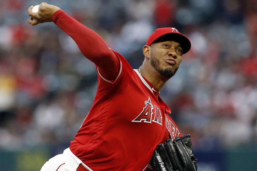 Los Angeles Angels starting pitcher JC Ramirez throws to the plate against the Oakland Athletics during the first inning of a baseball game in Anaheim, Calif., Saturday, April 7, 2018. (AP Photo/Alex Gallardo)
