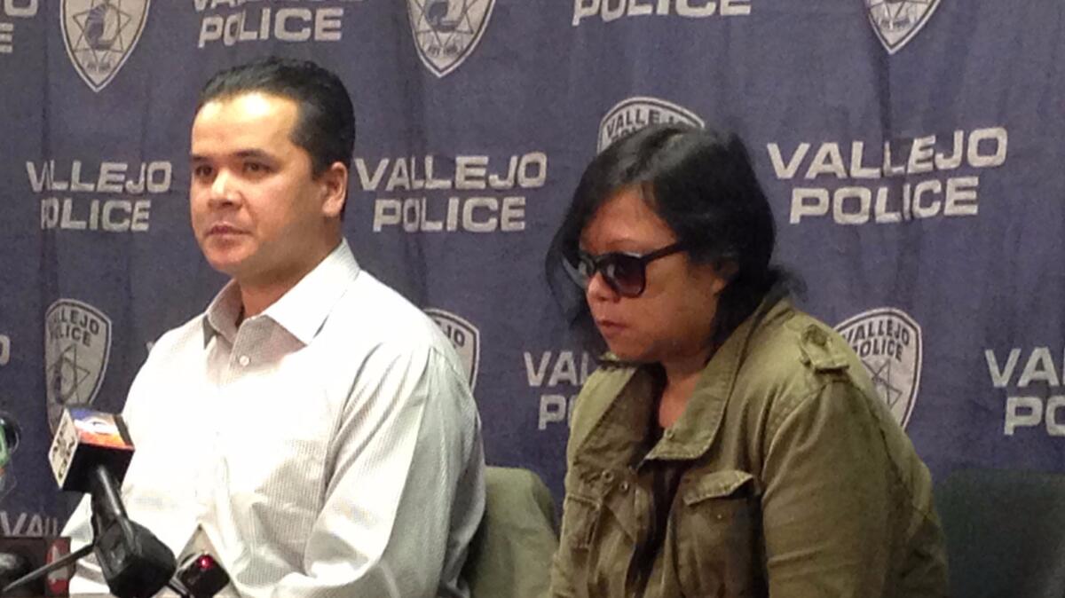John Babb speaks to reporters about his mother's disappearance as he is accompanied by his wife, Rosie, during a news conference in Vallejo on Tuesday.