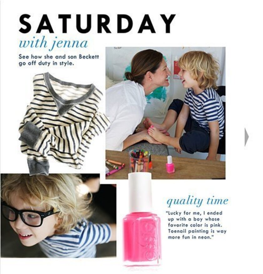 This image made from the J. Crew website shows a page with a photograph of Jenna Lyons, creative director for the company, with her son Beckett, 5, wearing pink nail polish on his toes. In March 2011, J. Crew unleashed a furor with this promotion. Gender stereotypes for America's children are less rigid than in the past, but they remain a pervasive part of popular culture and a benchmark for parents. Moreover, the changes in recent decades have been more dramatic for girls than boys. (AP Photo)