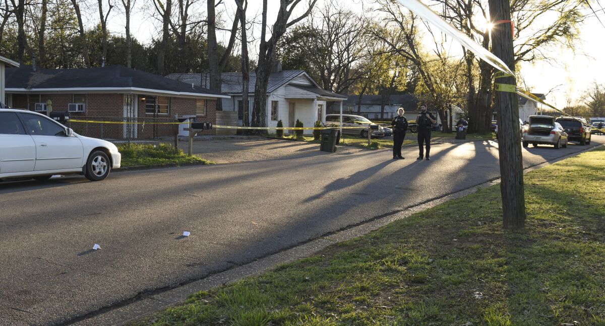 A 25 year-old man and a two year-old child were killed in a drive by style shooting in Tuscaloosa, Ala. Sunday, March 13, 2022. Someone in a vehicle pulled up to a home near a park and opened fire with at least one rifle. leaving a man and a 2-year-old child dead, authorities said Monday. (Gary Cosby Jr./The Tuscaloosa News via AP)