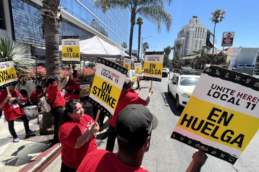 WEST HOLLYWOOD, CA JULY 20, 2023 -- A third wave of rolling strikes from hotel workers outside the Andaz West Hollywood on Thursday July 20, 2023.Workers are picketing for higher wages and better benefits and working conditions. (Wally Skalij / Los Angeles Times)