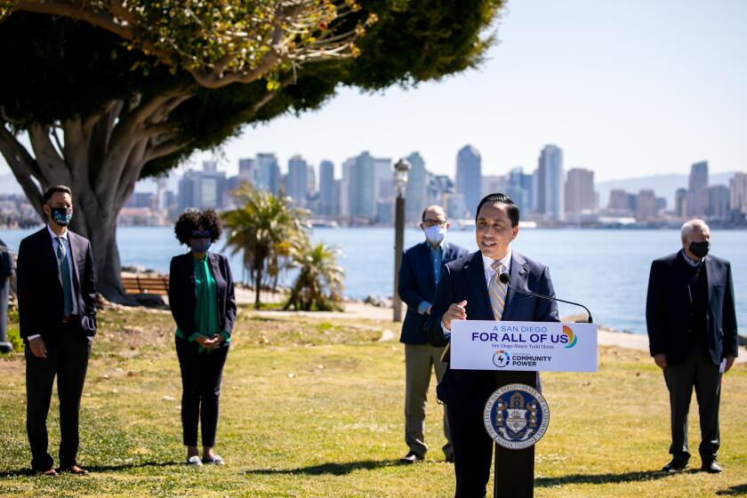 SAN DIEGO, CA - MARCH 01: San Diego Mayor Todd Gloria speaks at a press conference announcing the rollout of San Diego Community Power at Harbor Island Park on Monday, March 1, 2021 in San Diego, CA. (Sam Hodgson / The San Diego Union-Tribune)`