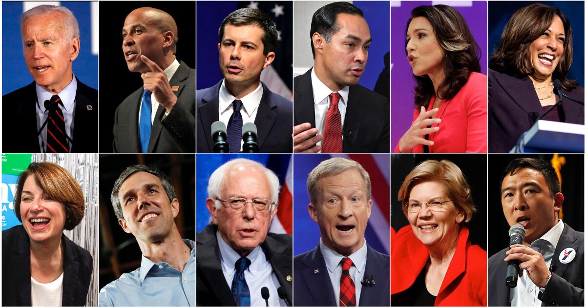 Photos of Joe Biden, Cory Booker, Pete Buttigieg, Julián Castro, Tulsi Gabbard, Kamala Harris, Amy Klobuchar, Beto O'Rourke, Bernie Sanders, Tom Steyer, Elizabeth Warren and Andrew Yang. 