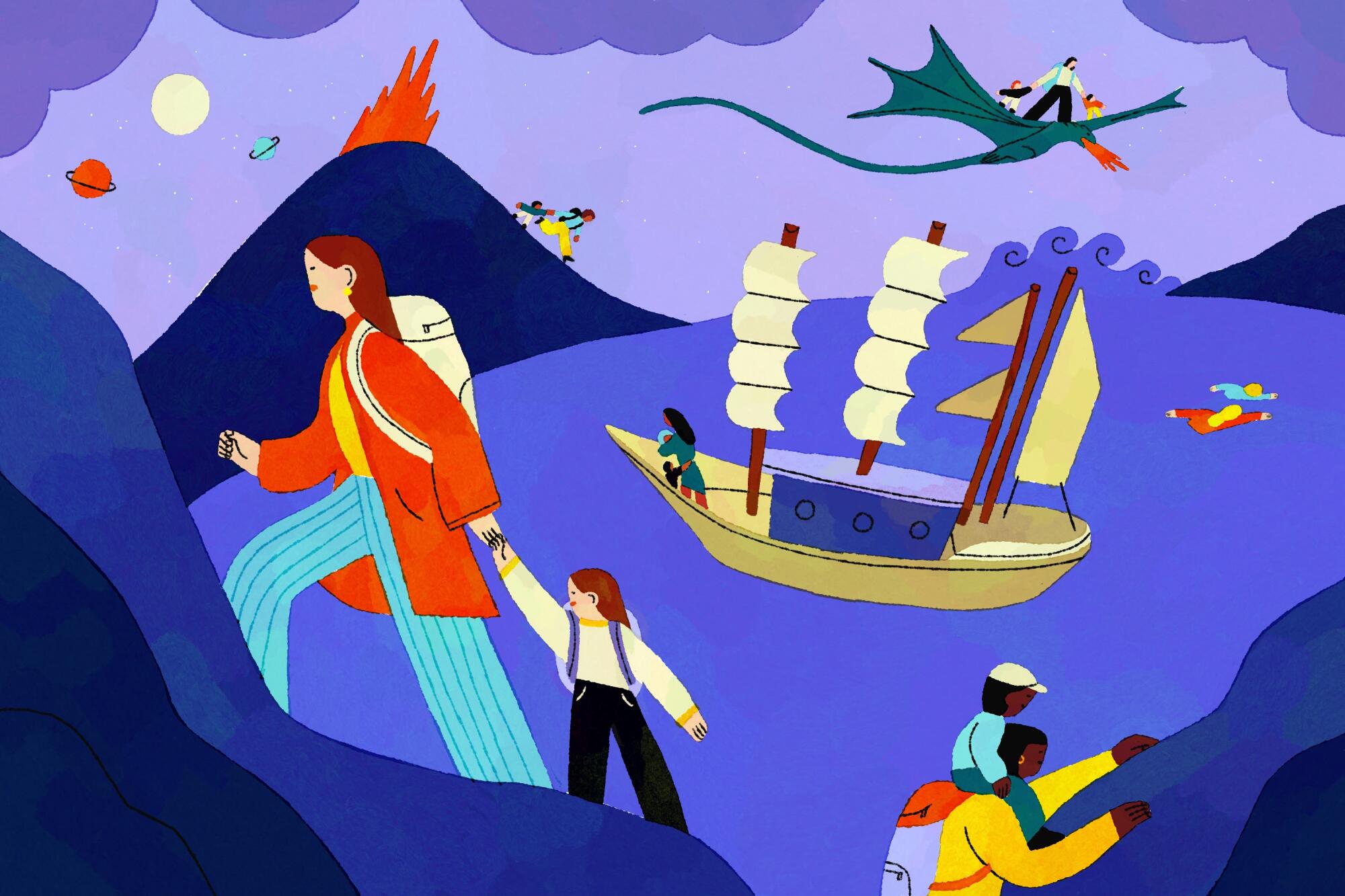 Illustration of several mothers with children in a fantasy scene with a volcano, mountains, a boat, and a dragon