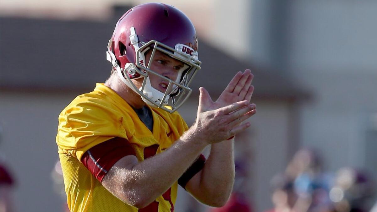 USC quarterback Sam Darnold works with the Trojans offense during a practice on Aug. 4.