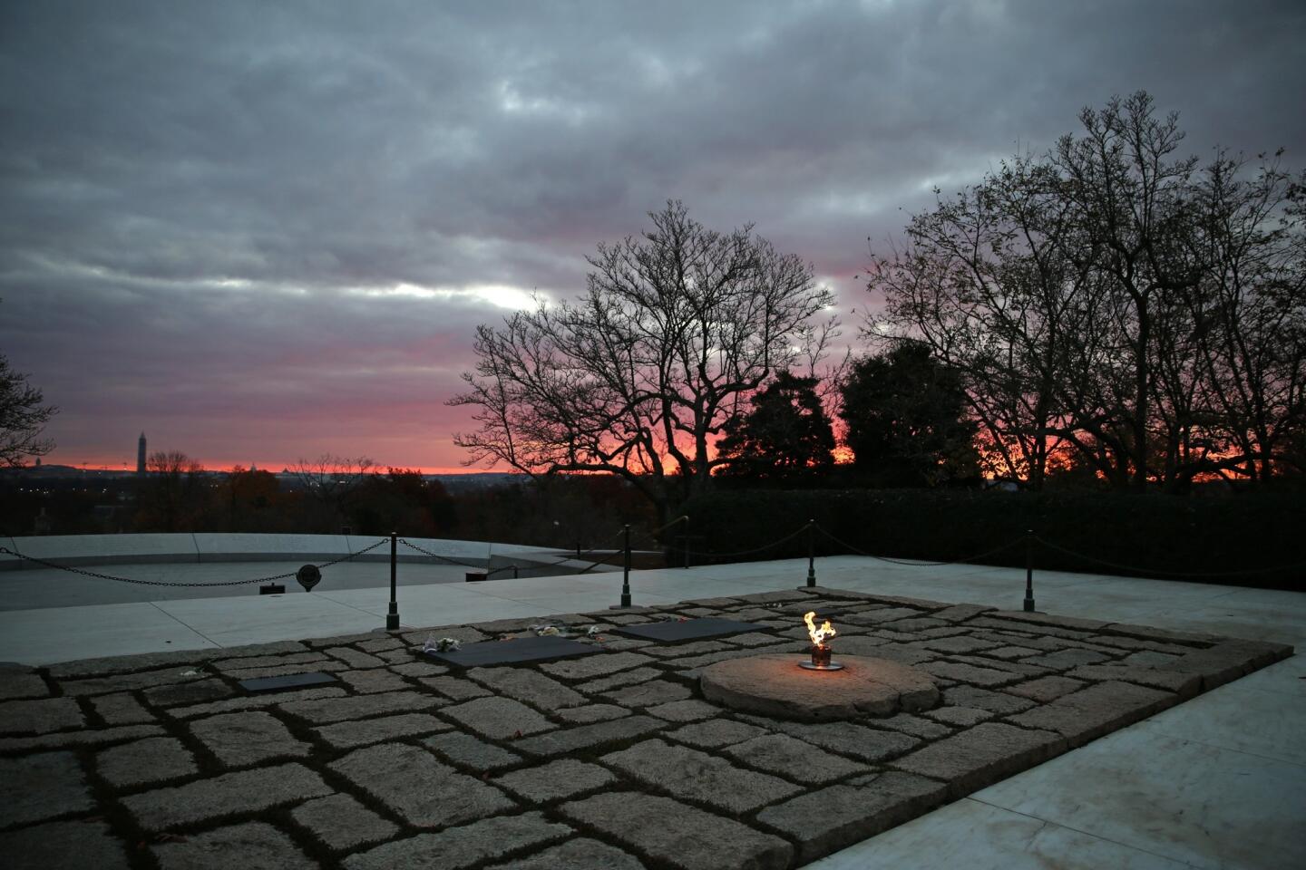 An eternal flame burns at the grave of President John F. Kennedy at Arlington National Cemetery.