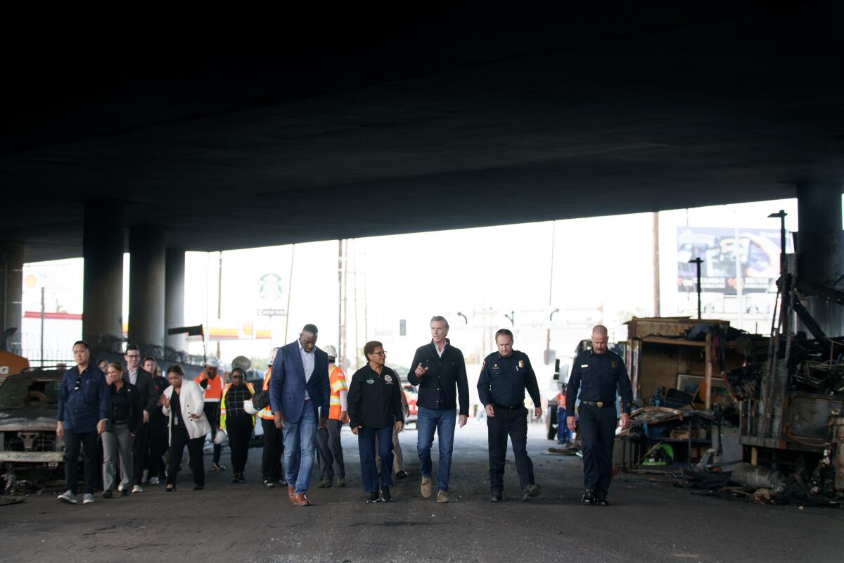 California officials walk under the 10 Freeway after a fire.