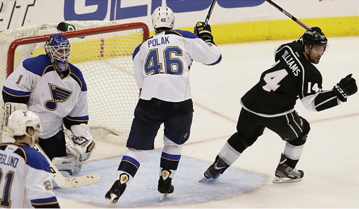 Justin Williams, shown after scoring in Game 4 against St. Louis, is still looking for improvement from himself and the rest of the Kings after a first-round playoff win over the Blues.