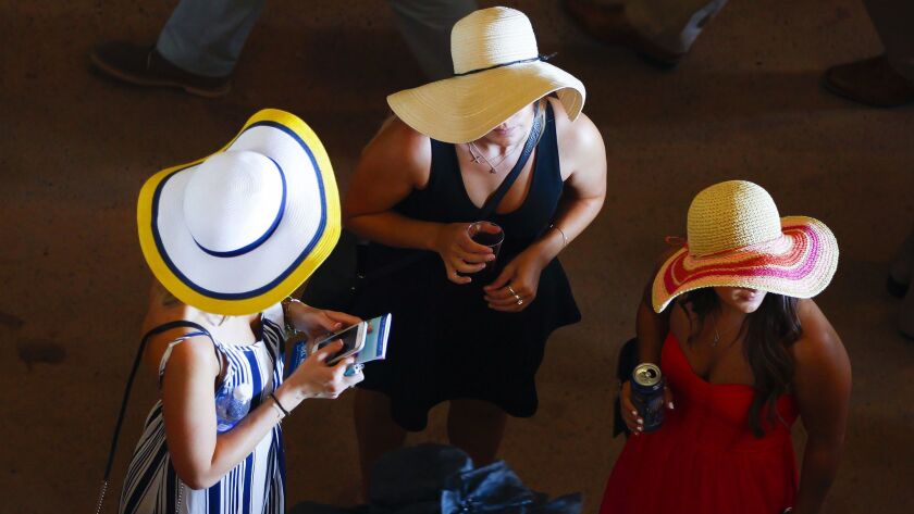 Race fans wearing the traditional large hats on opening day of Del Mar race track.