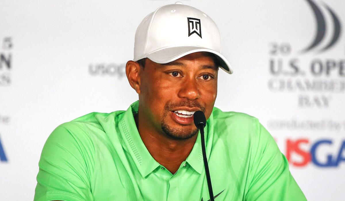Tiger Woods speaks during a press conference on Tuesday at the 115th US Open Championship golf tournament at Chambers Bay in University Place, Washington.