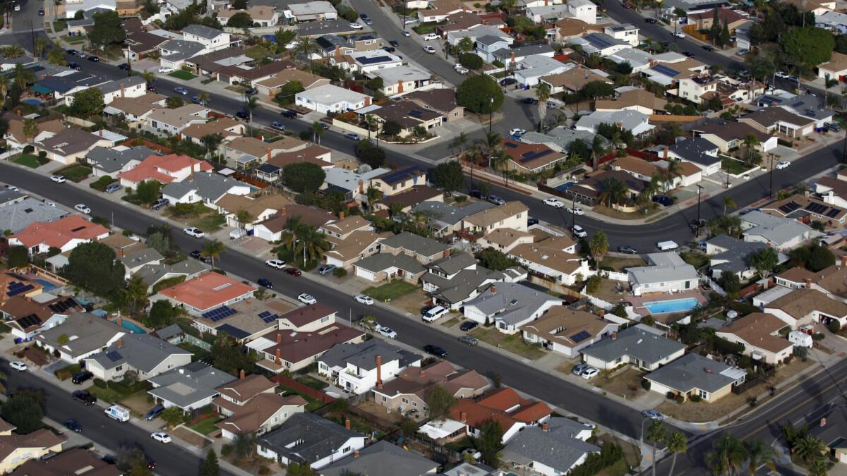 A aerial view of houses in the San Diego neighborhood of Clairemont on Friday, Dec. 8, 2017. (Photo by K.C. Alfred/The San Diego Union-Tribune)