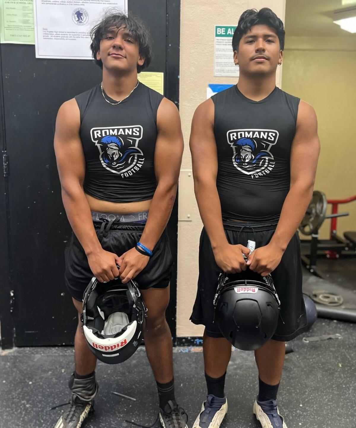 Los Angeles High linebackers Arturo Arguello (left) and Jeshua