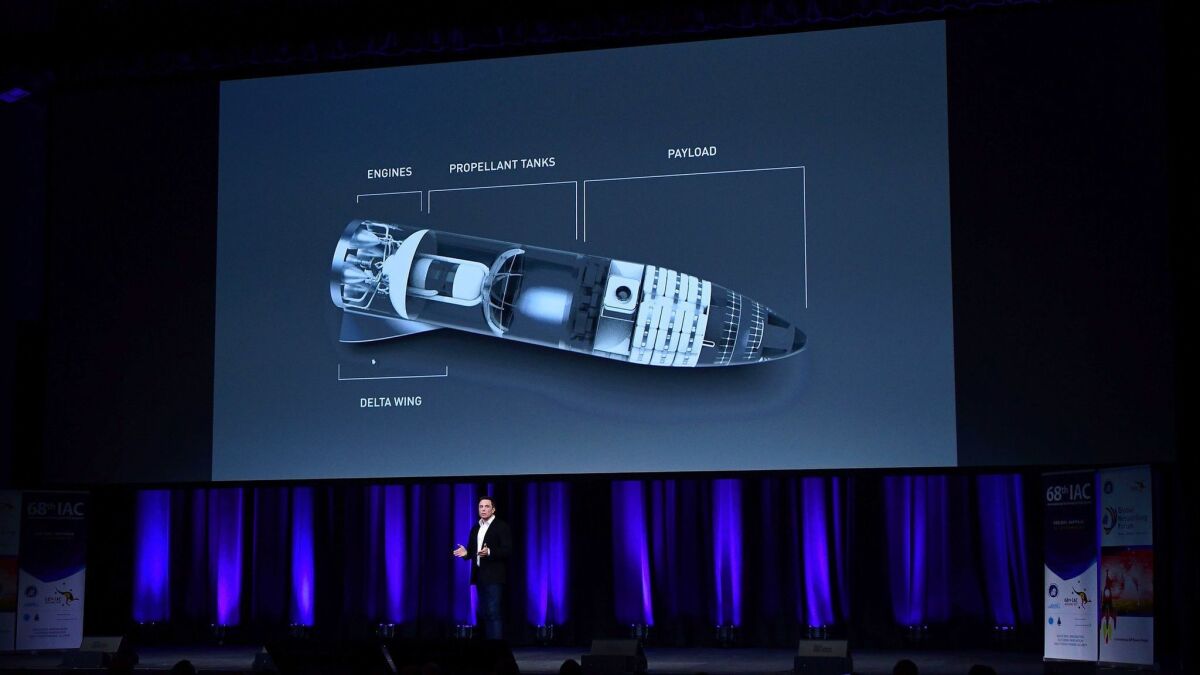 SpaceX Chief Executive Elon Musk speaks about the company's new BFR rocket and spaceship system at the International Astronautical Congress on September 2017 in Adelaide, Australia.